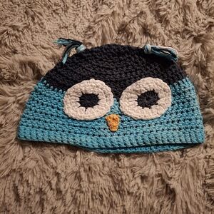Charming Owl Hand Crochet Beanie for Kids - Light Blue and Navy